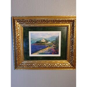 Perez Signed Lavender Field Landscape Print Ornate Gold Frame Green Suede Mat